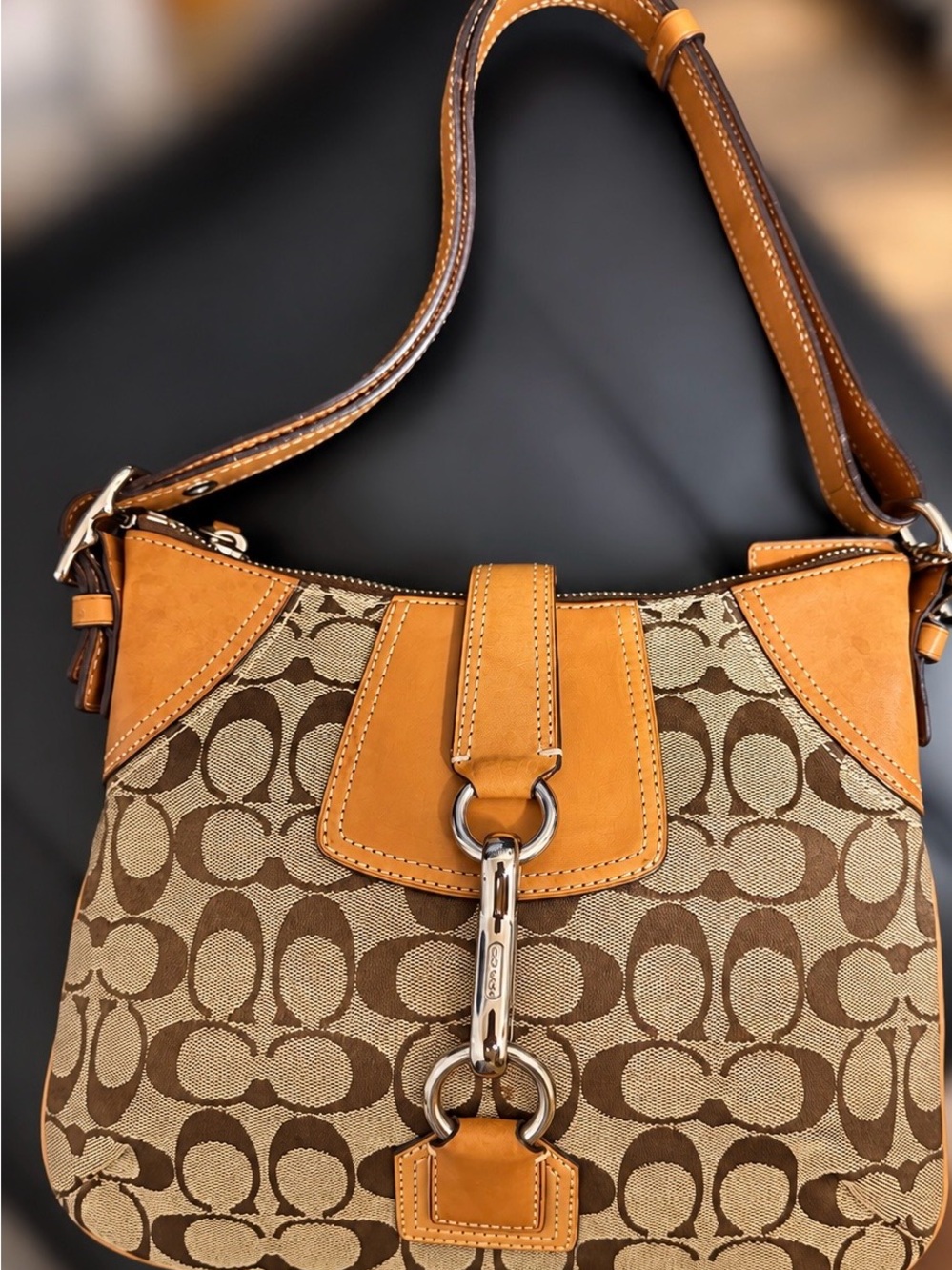 Coach Signature Jacquard Shoulder Bag Brown Tan Leather F10249
